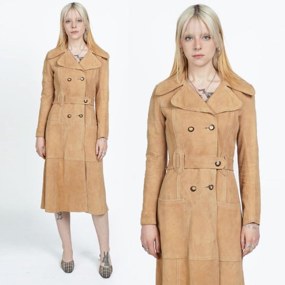 VINTAGE 60s Camel Suede Leather Belted Coat - Picture 1 of 4